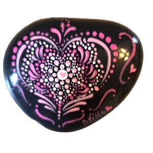 Pink Valentine Rock Heart Mandala Dot Art Black Stone Hand Painted Paperweight